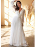 Ivory Pleated Chiffon V Open Back Wedding Dress